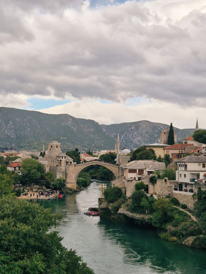 Picturesque scene of the iconic Stari Most bridge in Mostar, Bosnia, showcasing historical architecture.